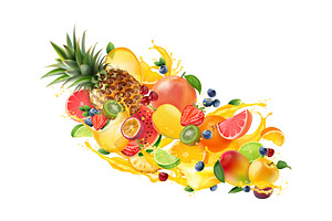 Realistic fruit burst. 3d fruits mix, a Food Illustration by Stock-Smart-Start