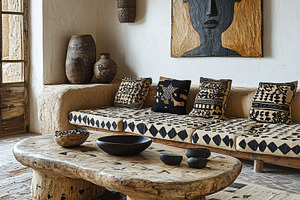 Rustic African interior with tribal decor and earthy atmosphere, a Photo by AS photostudio