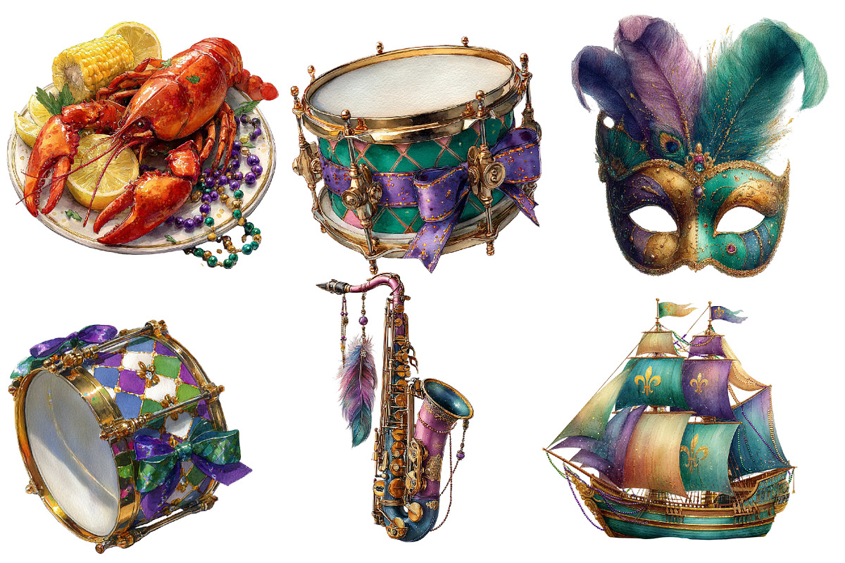 Watercolor Mardi Gras Clipart Bundle, an Illustration by Designworld (Photo 4 of 5)