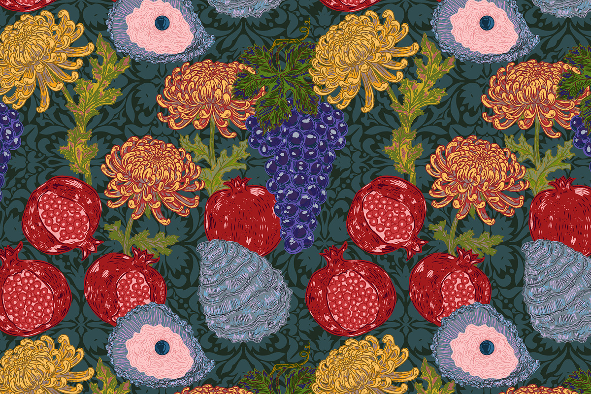 Pomegranate Grape Chrysanthemum, a Pattern Graphic by NayaChu (Photo 2 of 9)