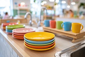 Colorful stacked plates and cups in a bright kitchen setting during daytime, a Photo by AlyaAnd