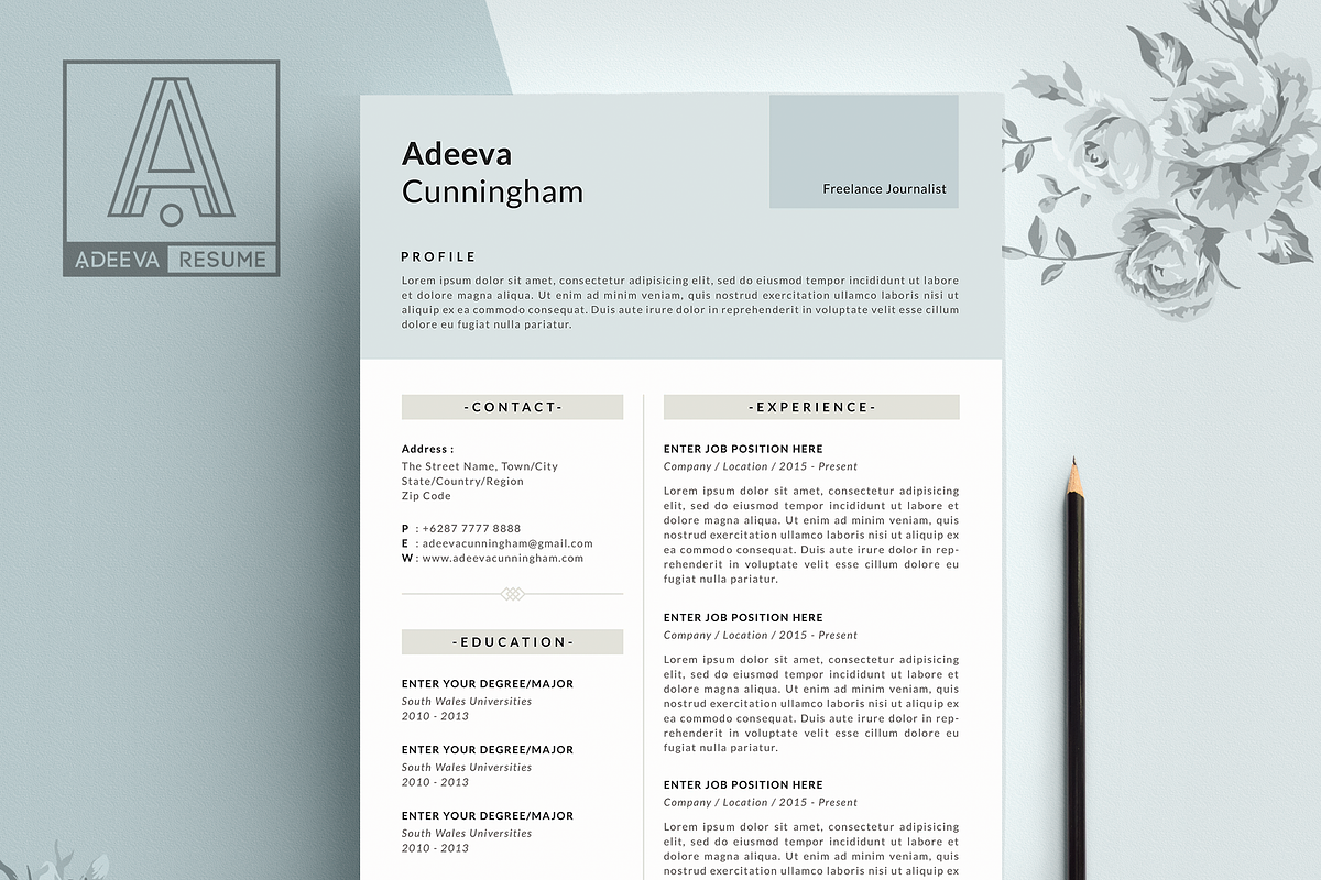 Simple Resume Template Cunningham, a Resume Template by AdeevaResume (Photo 2 of 4)
