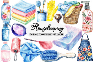 Watercolor Housekeeping Clipart, an Illustration by Daily.Designs