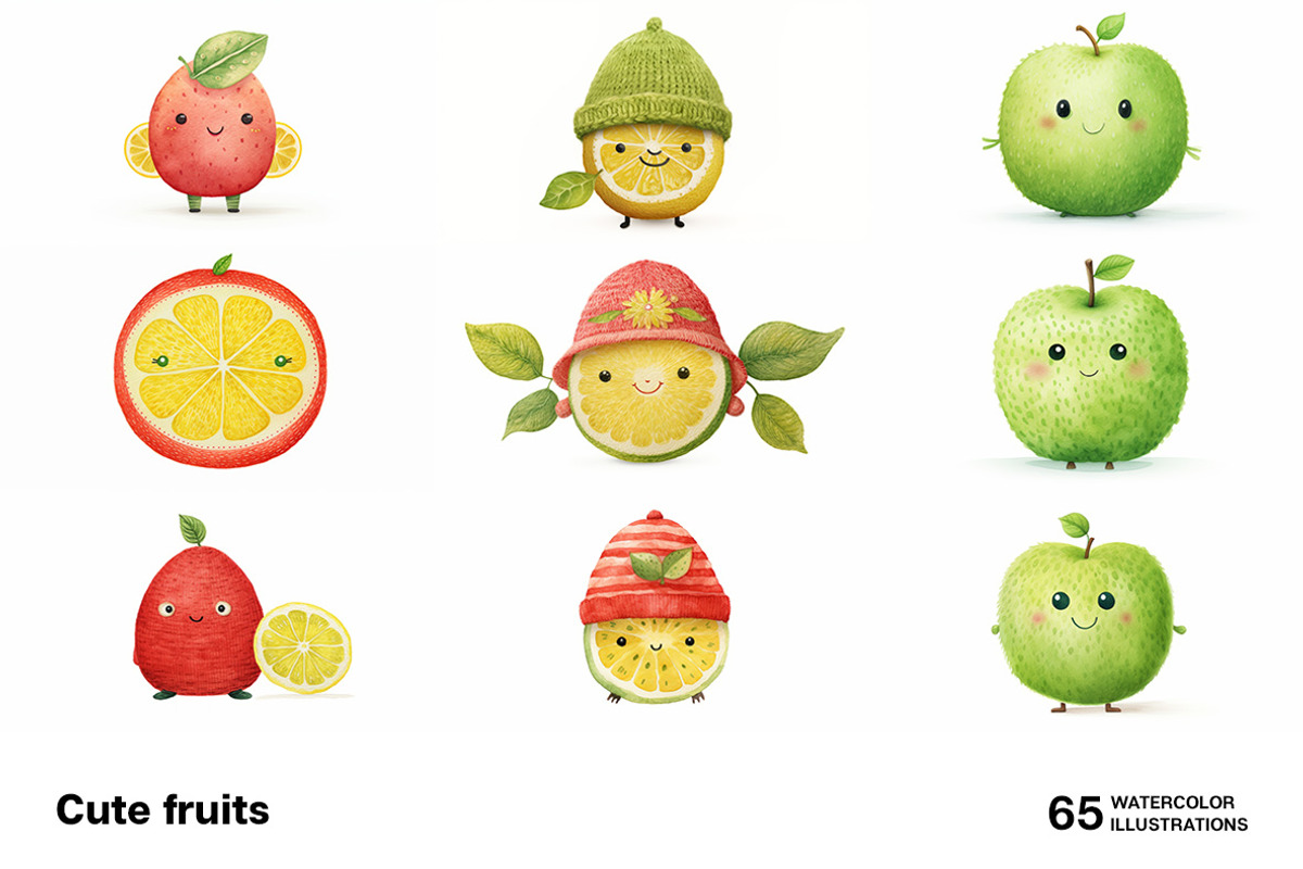 Cute fruits. 65 images, a Food Illustration by Handmadefont (Photo 6 of 13)