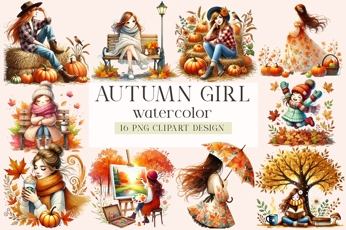 watercolor autumn girl, a Seasonal Illustration by DreamArtGraphic (Photo 1 of 4)