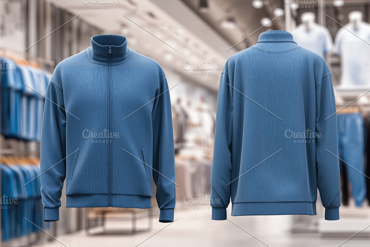 A blue zip-up jacket sports suit mockup in a clothing store. The jacket feature, a Hoody Mockup by Textures & Backgrounds