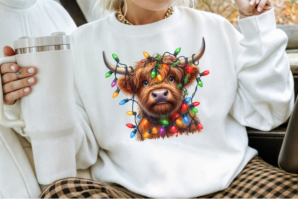 Christmas Lights Highland Cow PNG, an Illustration by Sublimation Artist (Photo 2 of 9)