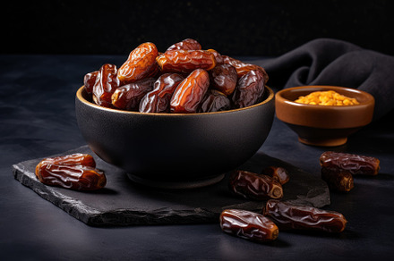 Dried dates fruits in bowl on black, a Photo by Iftikhar Alam