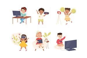 Cute Boy and Girl Using Gadget and, a Person Illustration by TopVectors