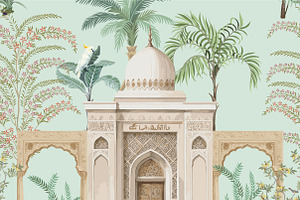 Mughal palace with tropical flora, an Illustration by Mughal Wallpaper