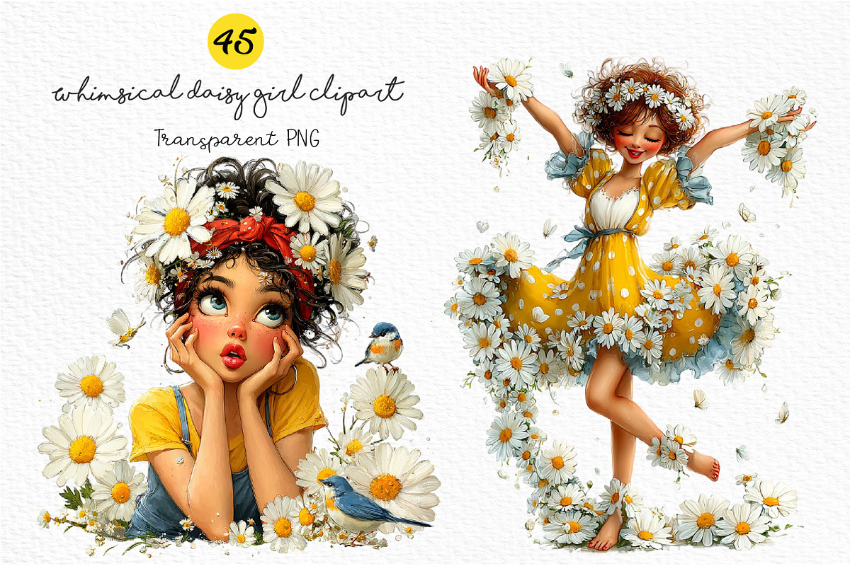 Whimsical Daisy Girl Clipart, a Seasonal Illustration by Craft Nest (Photo 1 of 6)