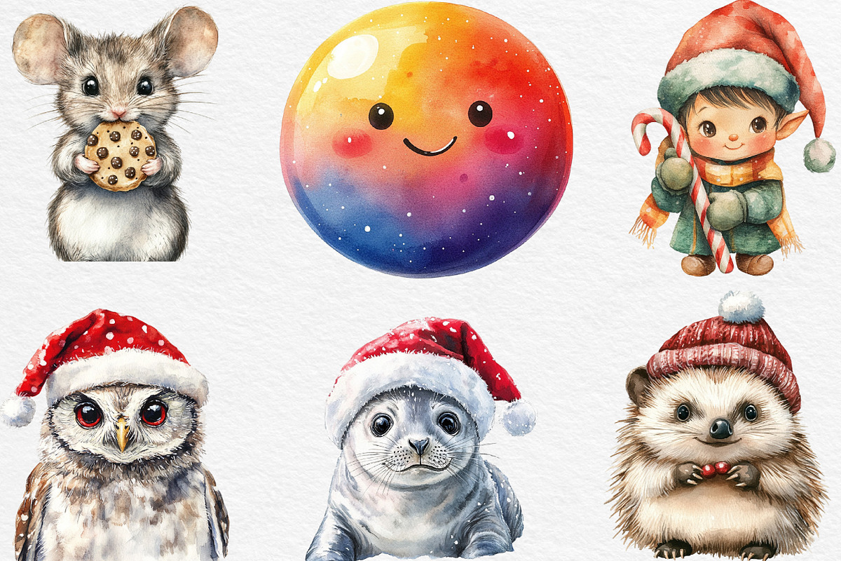 Watercolor Cute Christmas Clipart, an Illustration by Black Bird Studio (Photo 4 of 6)