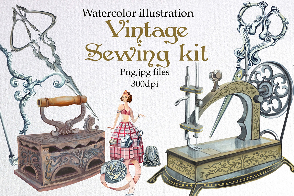 Watercolor vintage sewing kit, an Illustration by AkvarelRiver (Photo 1 of 15)