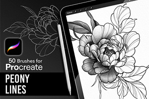 Peony Lines, Procreate Stamp Brushes, a Brush Add-On by InkRef