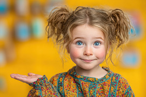 Adorable little girl with pigtails and blue eyes smiling playful, a Person Photo by José Manuel Gelpi