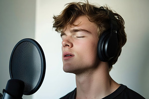 Young man singing in microphone and recording voice and new song, a Person Photo by AlyaAnd