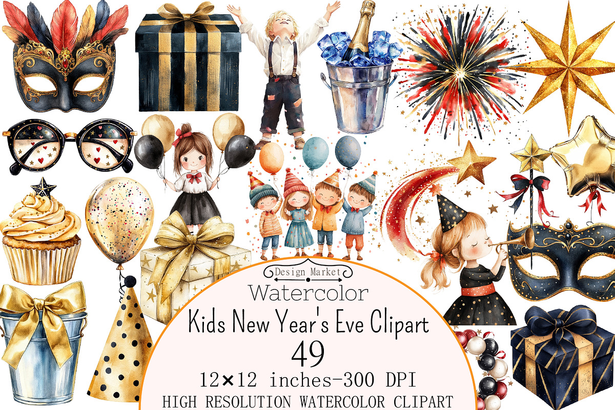 Kids New Year's Eve Clipart, a Seasonal Illustration by Design Market (Photo 1 of 5)