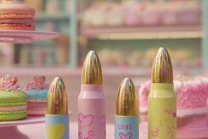 A colorful display of decorative bullets resembling cosmetics, set against a pa, an Arts & Entertainment Photo by Textures & Backgrounds
