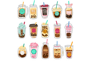 Bubble tea. Plastic cups with summer, a Food Illustration by YummyBuum