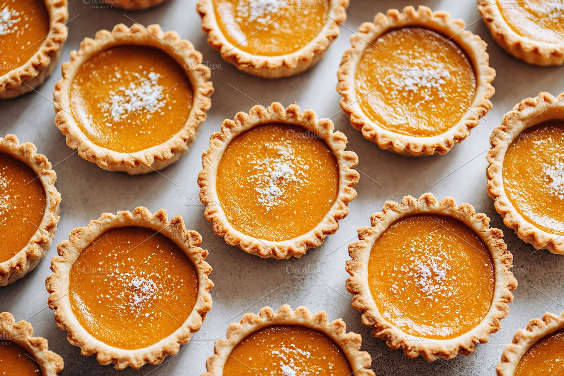 Mini pumpkin pies with powdered sugar topping, a Food & Drink Photo by AlyaAnd