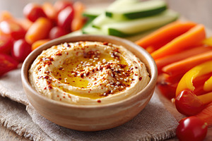 Bowl of hummus with fresh vegetables, a Food & Drink Photo by AlyaAnd