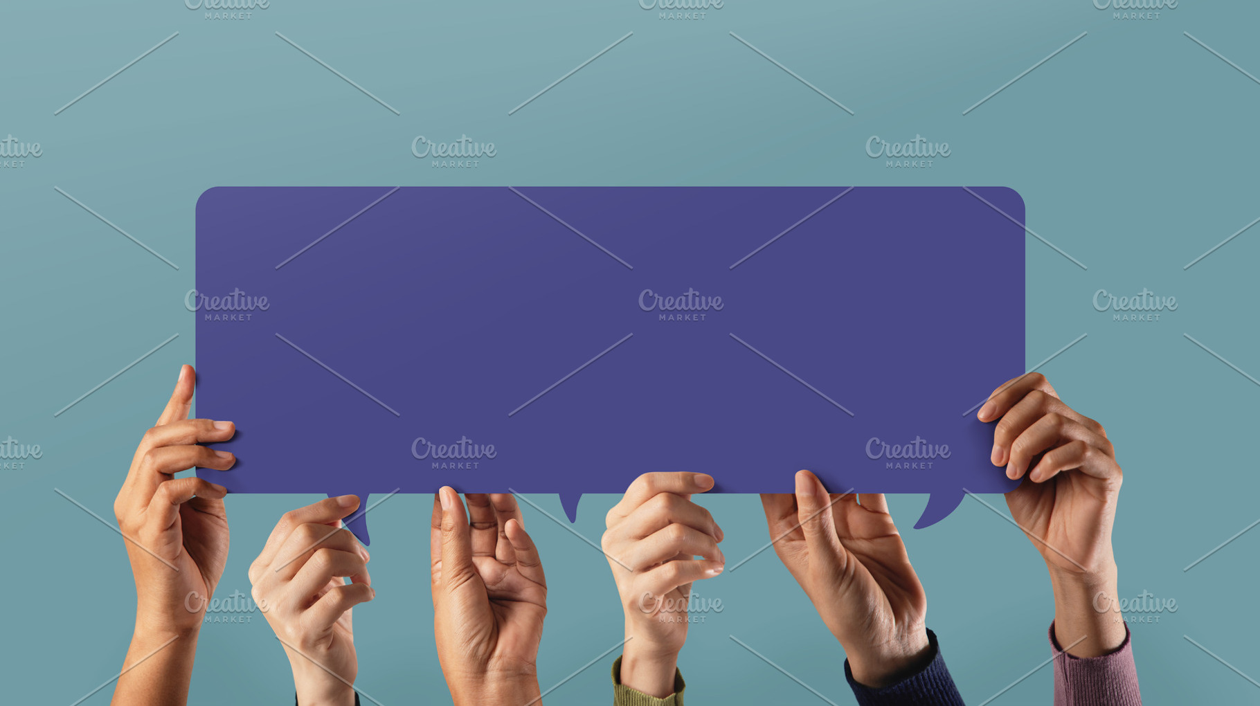 Group of hands holding colorful Speech Bubble together. Concept, a Photo by salmon.black