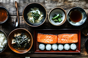 Japanese salmon set meal top view, a Food & Drink Photo by Photostock