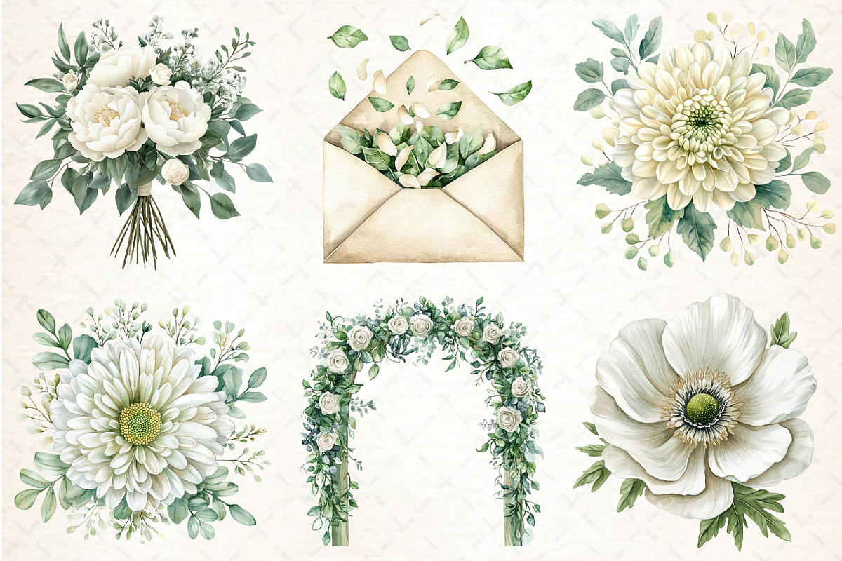 Sage Green and Ivory Flowers Clipart, an Illustration by DreamCafeArt (Photo 2 of 8)