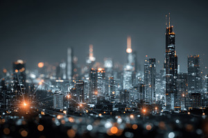 Night cityscape illuminated skyscrap, a Photo by Pixeness Studio