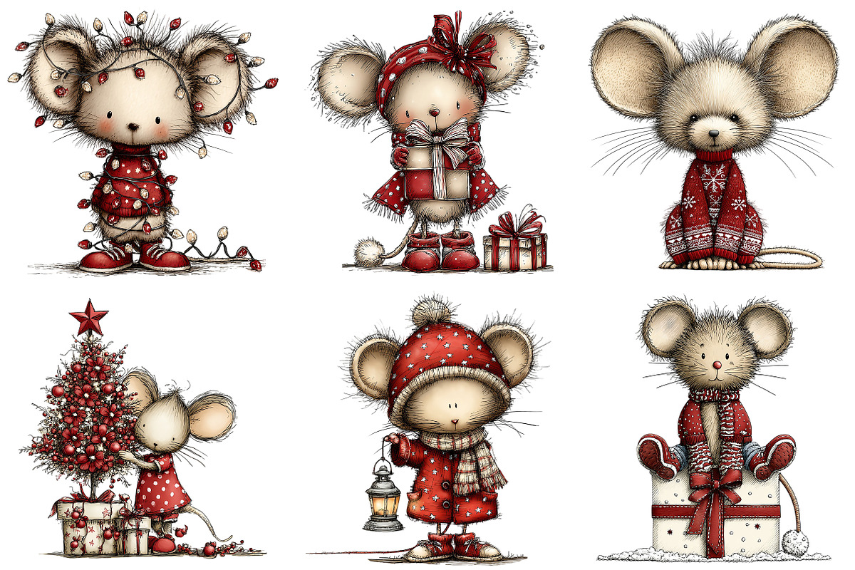 Whimsical Christmas Mouse Clipart, an Illustration by Craft Nest (Photo 7 of 10)