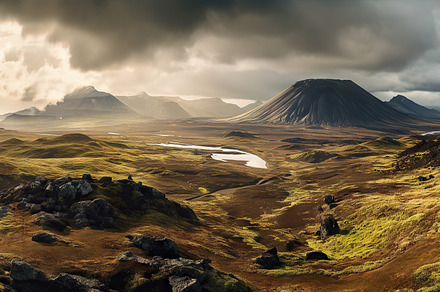 Panoramic landscape of Iceland. Dramatic overcast sky. Generativ, a Nature Photo by AS photostudio