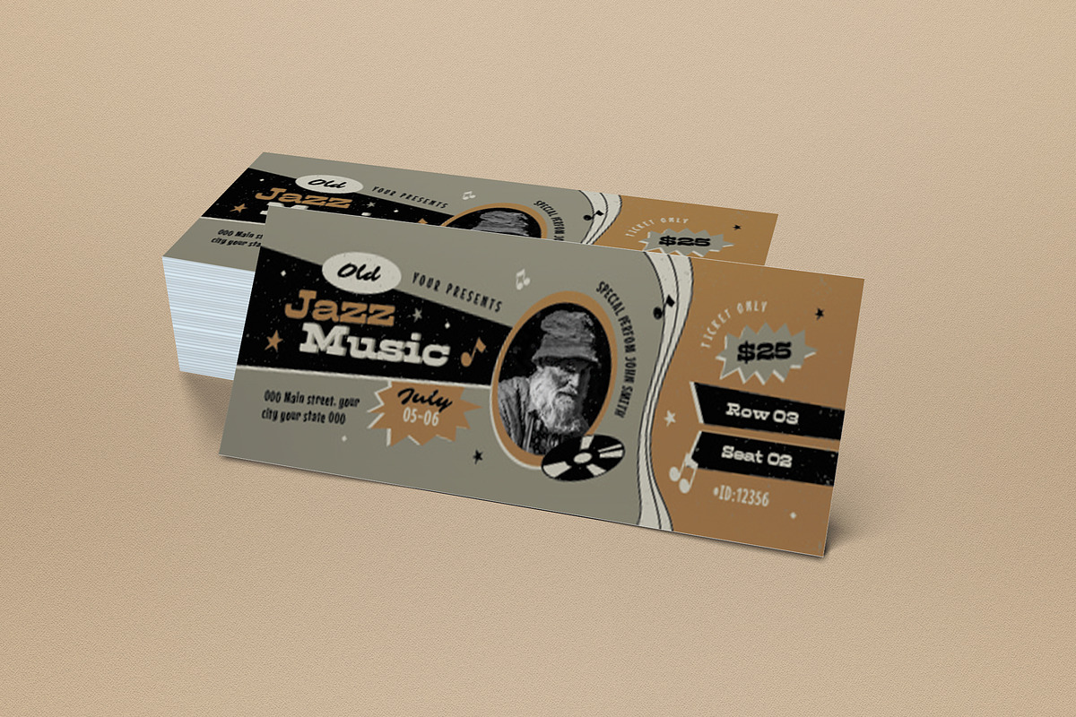 Retro Old Jazz Music Ticket, a Card Template by graphicook (Photo 2 of 3)