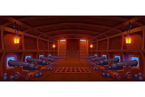 Cannon deck interior on pirate ship, a Transportation Illustration by Vector Tradition