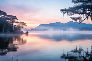 Lake Landscape with Fog, Sunrise, a Background Photo by Fascinadora