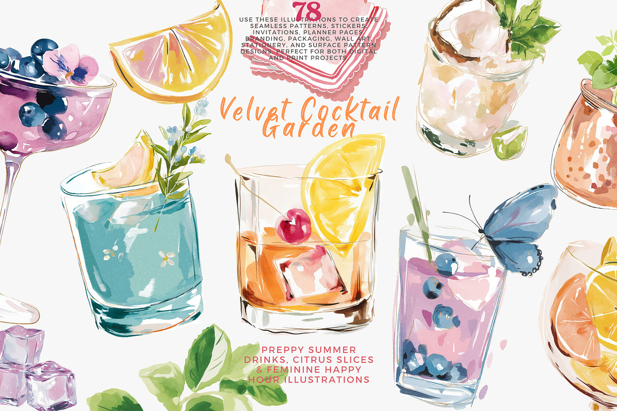preppy cocktail clipart bundle, a Decorative Illustration by Patishop Art (Photo 2 of 13)