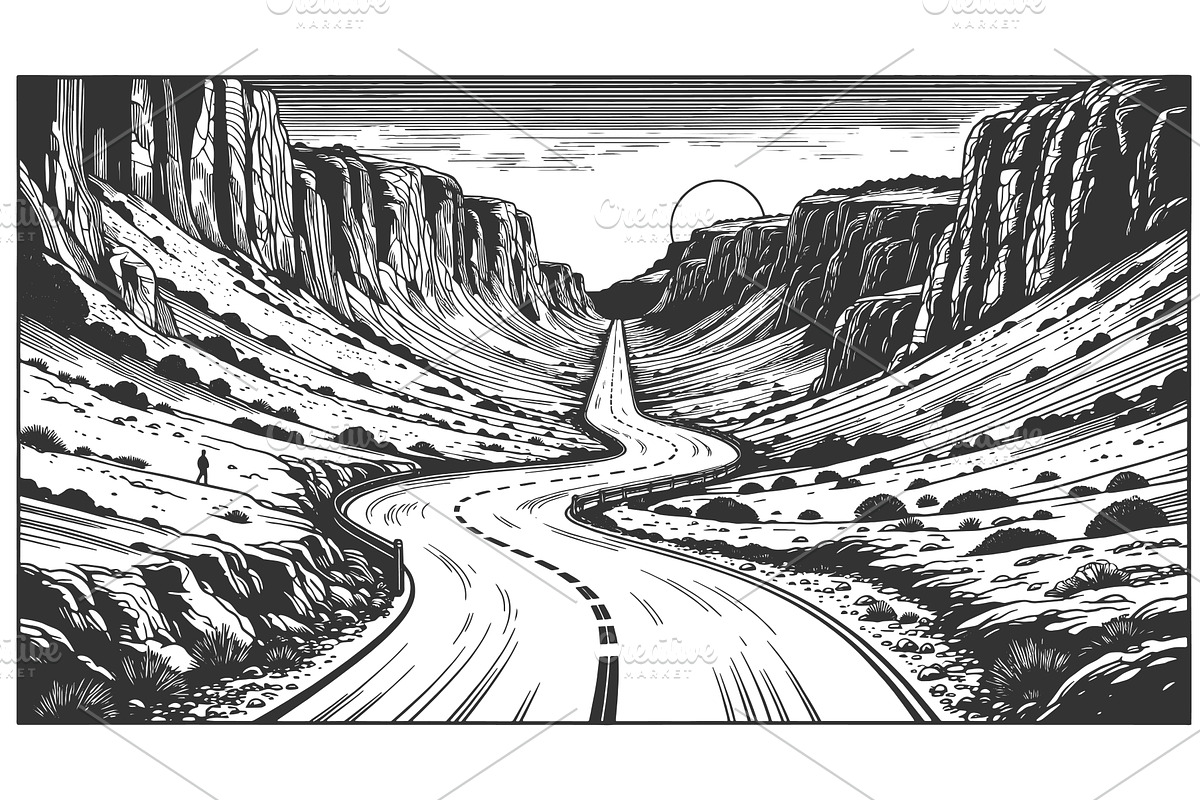 Winding Desert Road Through Canyon, an Illustration by AlexArt