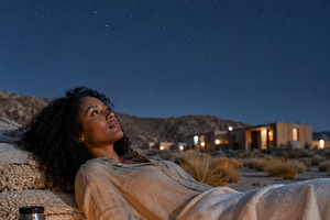 Woman stargazing at night in desert,, a Photo by Dvoevnore photos
