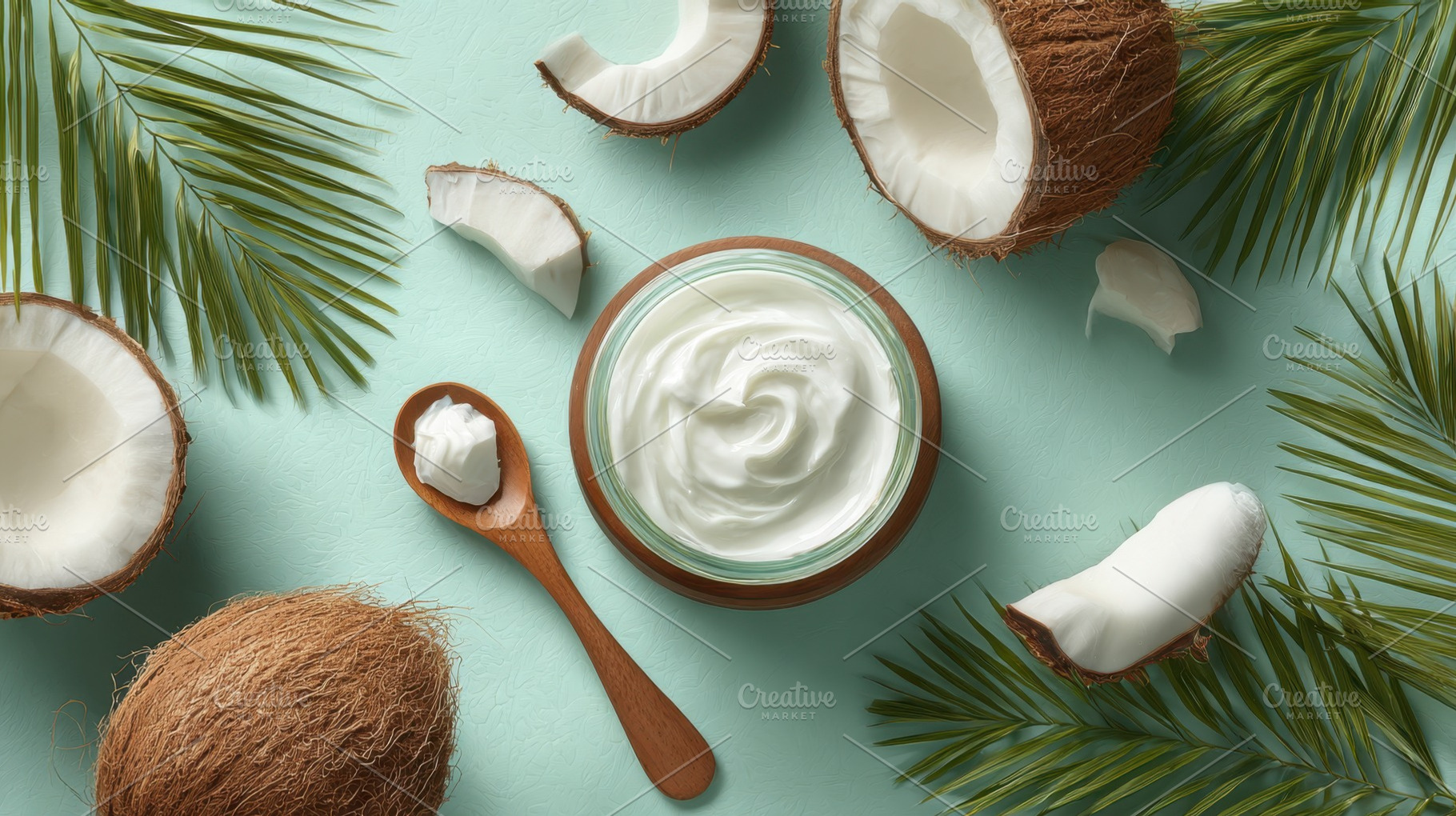 Coconuts on a green surface, a Photo by Beautiful things