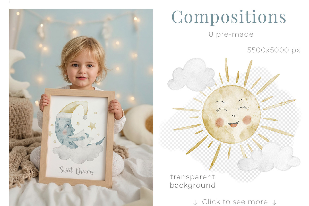 Watercolor Moon Sun Nursery Clipart, an Illustration by Alisles (Photo 2 of 12)