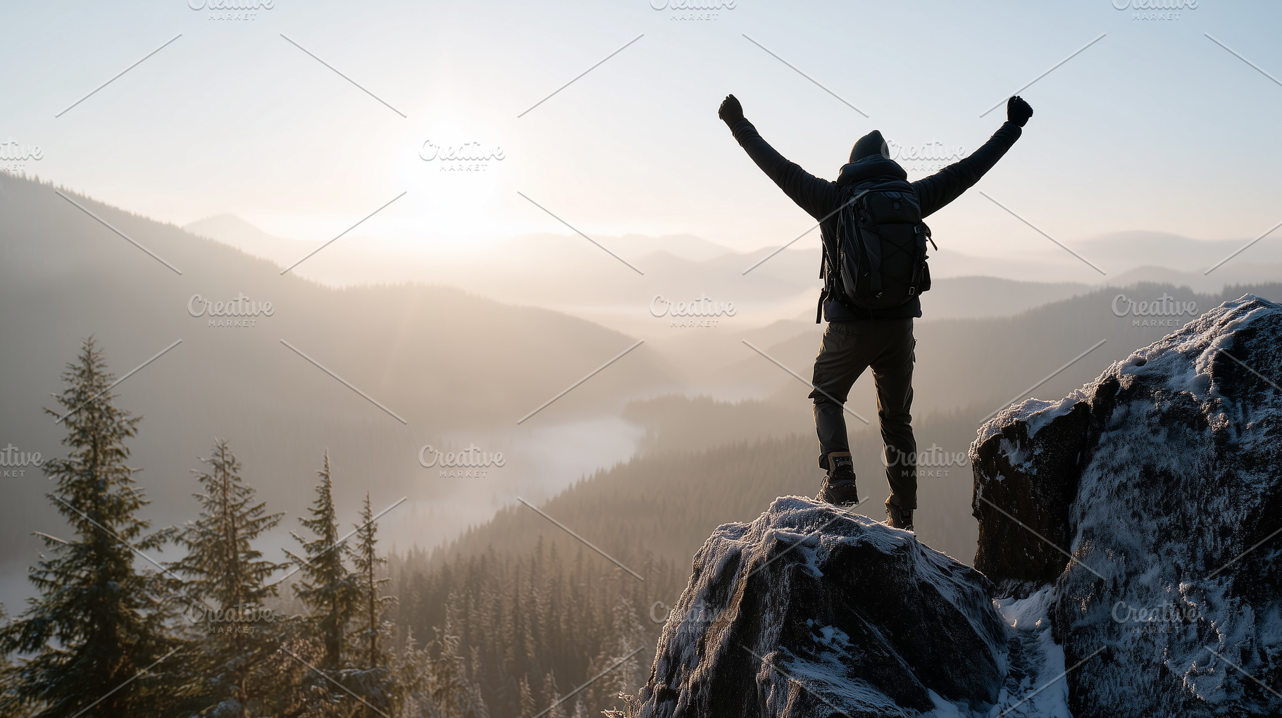 Man with backpack standing on snowy, a Nature Photo by MistyDay