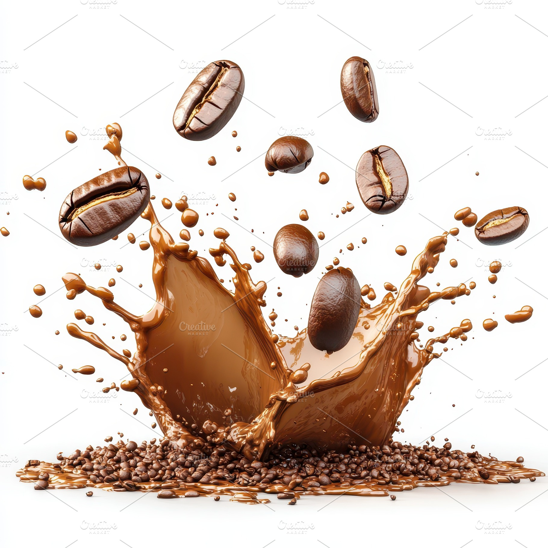 Coffee beans splashing in brown liqu, a Food & Drink Photo by Pixeness Studio