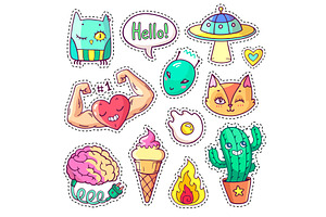 Cool Set Of Stickers In 80s-90s Pop