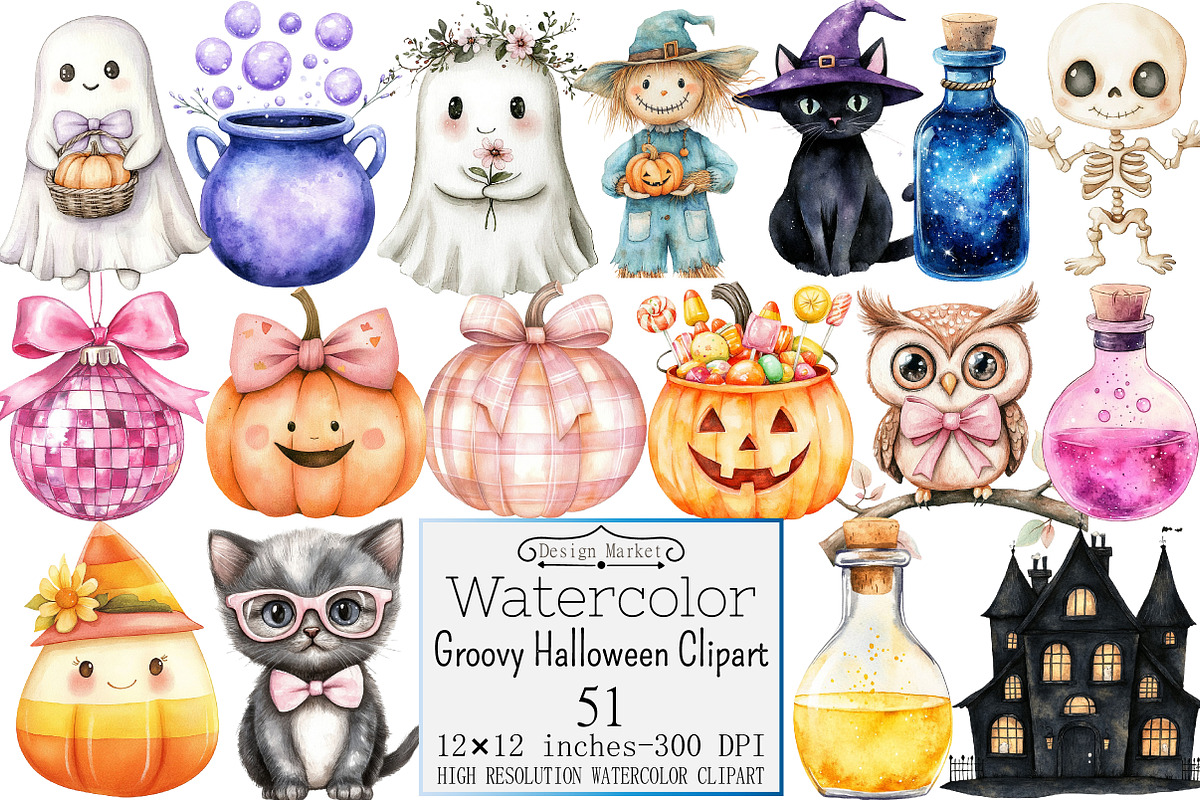 Watercolor Groovy Halloween Clipart, a Seasonal Illustration by Design Market (Photo 1 of 5)