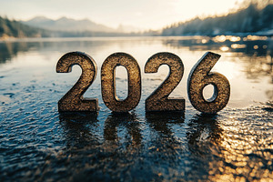 New year 2026 golden glitter numbers on frozen lake at sunrise i, a Background Photo by José Manuel Gelpi