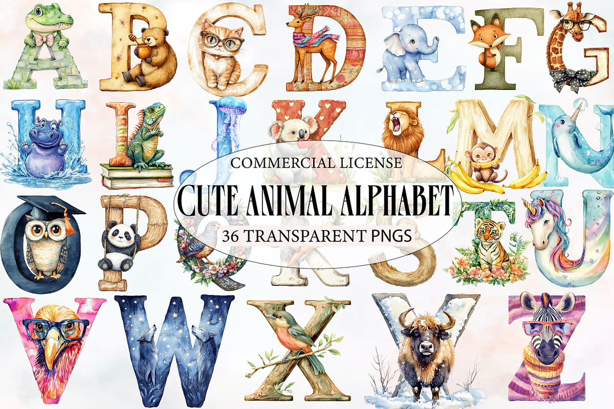 Cute Animal Alphabet Clipart Bundle, an Illustration by Designworld (Photo 1 of 6)
