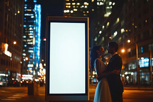 Couple embraces in front of a blank, a Photo by Pavel_design