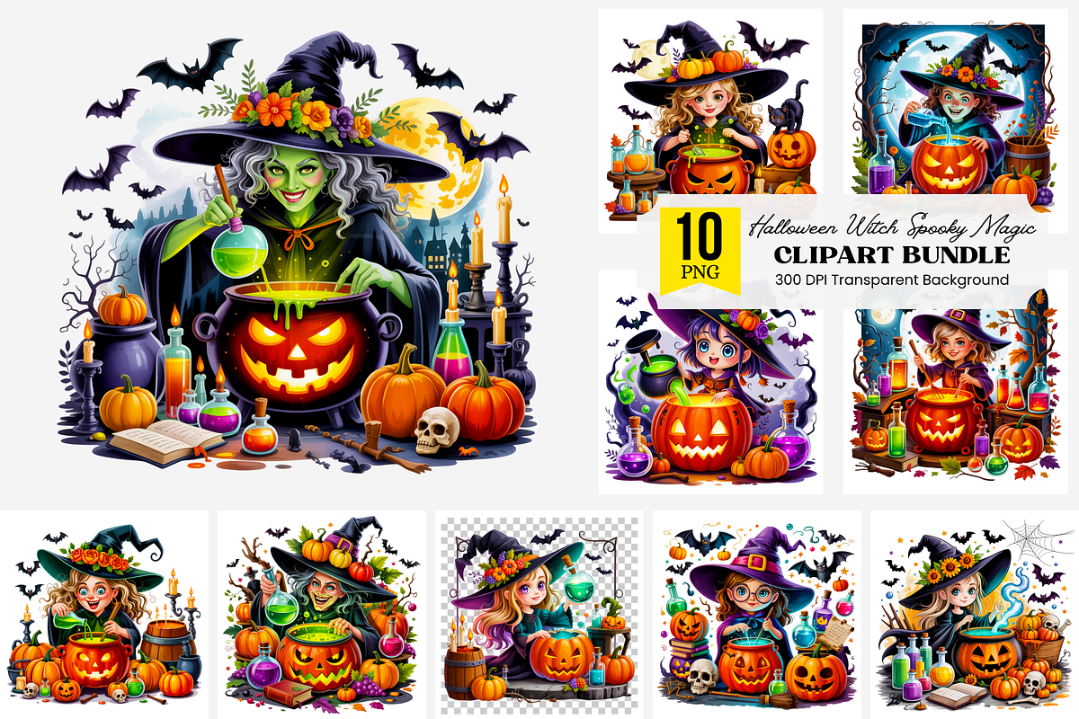 10 Halloween Witch Clipart PNG, a Graphic by Clipart Studio (Photo 1 of 11)