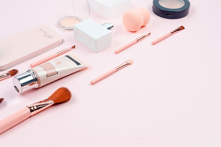 makeup cosmetic, brushes and accessory on pastel pink background, a Beauty & Fashion Photo by vimart