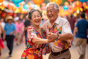 Happy senior couple dancing at a local festival, a Person Photo by DanFLCreativo