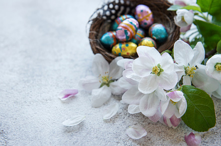 Colorful Easter eggs on concrete background, a Holiday Photo by Olena Rudo